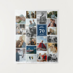 ブルーフォトコラージュハッピーバースデー名&年齢 タペストリー