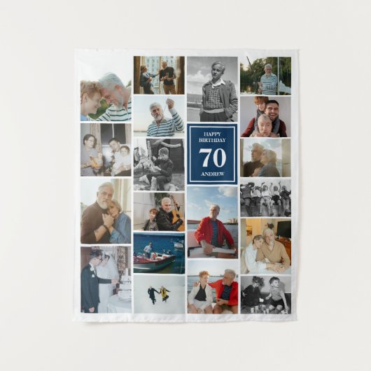 ブルーフォトコラージュハッピーバースデー名&年齢 タペストリー (正面)