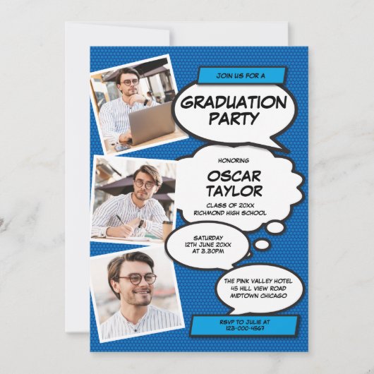 ブルーフォトコラージュモダンおもしろい卒業パーティー 招待状 (正面)