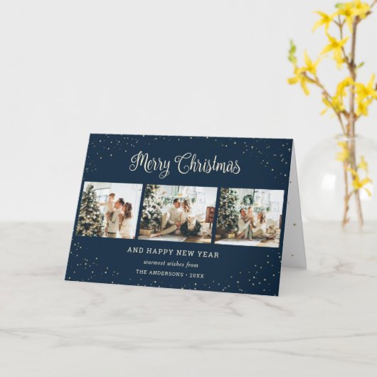 ブルーフォトコラージュモダンメリークリスマスカード カード (黄色い花)