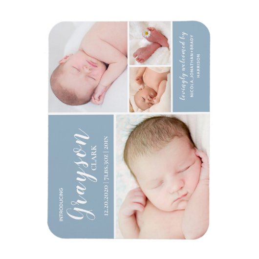 ブルーフォトコラージュ男の赤ちゃん誕生発表 マグネット (縦)