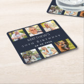 ブルーフォトコラージュ誕生日パーティー スクエアペーパーコースター (アングル)