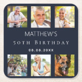 ブルーフォトコラージュ誕生日パーティー スクエアペーパーコースター (正面)