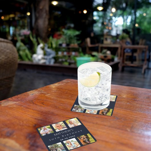 ブルーフォトコラージュ誕生日パーティー スクエアペーパーコースター