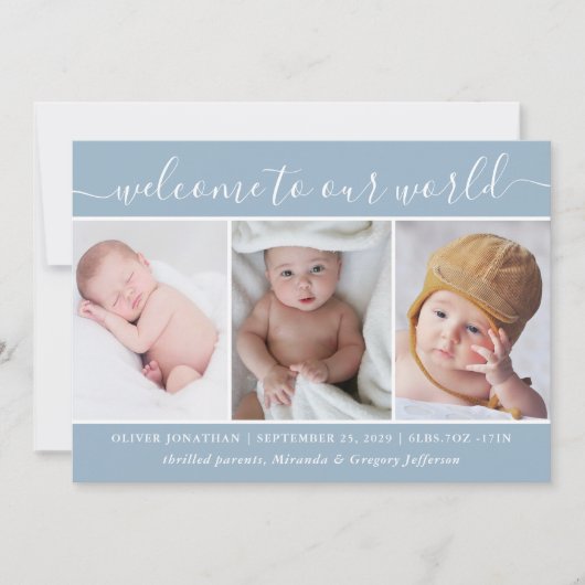 ブルーフォトコラージョモダンンウェルカム男の赤ちゃん誕生 案内状 (正面)