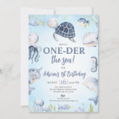 ブルーフォトシータートルワンダーザシー1歳の誕生日 招待状 (正面)