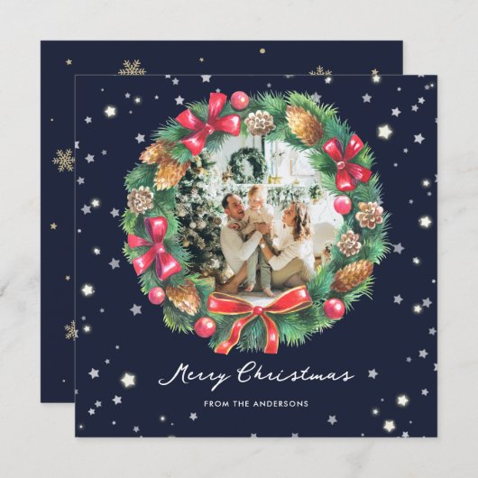 ブルーフォトスターズスノーフレークリースメリークリスマス シーズンカード (正面/裏面)