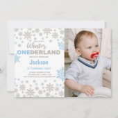 ブルーフォトスノーフレークウィンター誕生日オネダーランド 招待状 (正面)