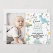 ブルーフォトバルーン恐竜をテーマにした第1の誕生日 招待状 (正面)