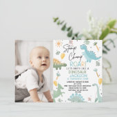 ブルーフォトバルーン恐竜をテーマにした第1の誕生日 招待状 (スタンド正面)