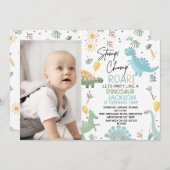 ブルーフォトバルーン恐竜をテーマにした第1の誕生日 招待状 (正面/裏面)