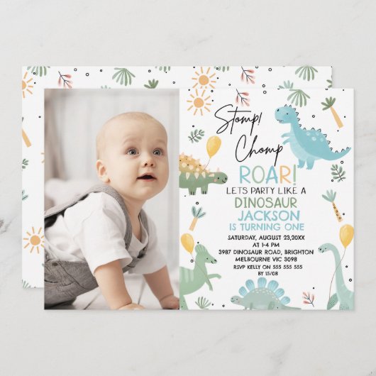 ブルーフォトバルーン恐竜をテーマにした第1の誕生日 招待状 (正面/裏面)