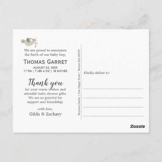 ブルーフォトフレームのハンサム誕生のお知らせ ポストカード (裏面)