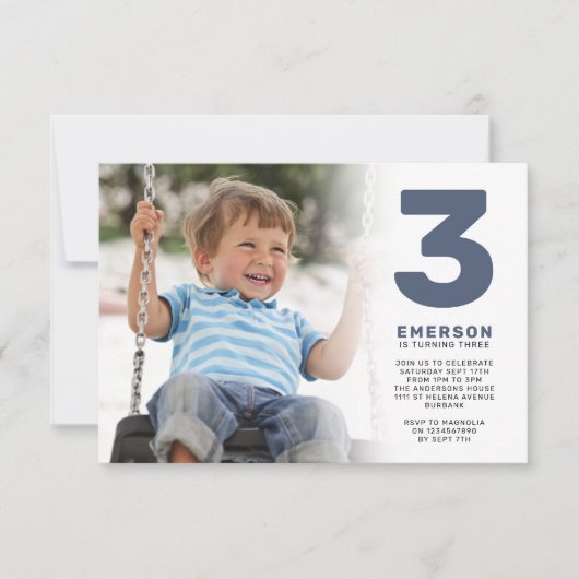 ブルーフォトモダンバースデーパーティー 招待状 (正面)