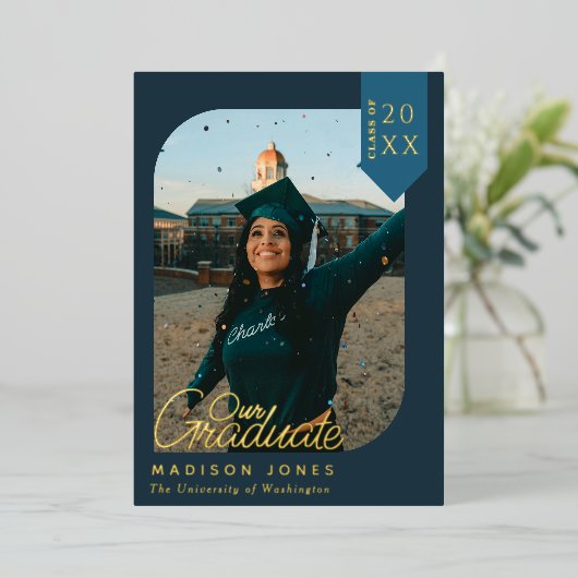 ブルーフォトモダン卒業記念フォイル発表 箔招待状 (立ち正面)