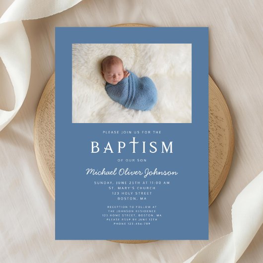 ブルーフォト宗教的クロスボーイバプテスマ 招待状