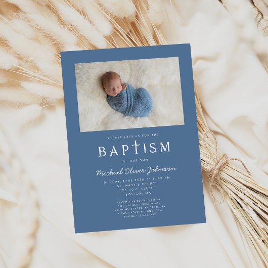 ブルーフォト宗教的クロスボーイバプテスマ 招待状