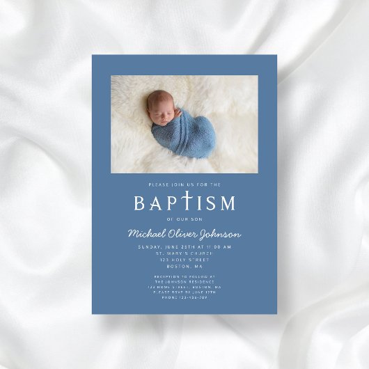 ブルーフォト宗教的クロスボーイバプテスマ 招待状