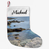 ブルーフォト澄ん海名前をカスタムする スモールクリスマスストッキング (正面)