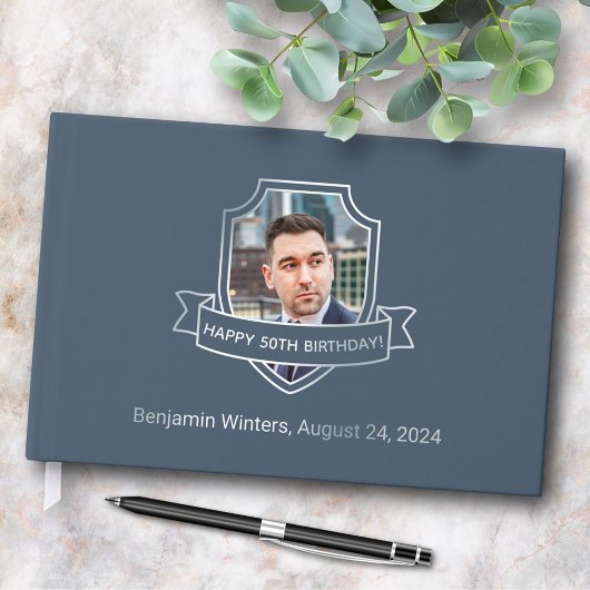 ブルーフォト誕生日のシルバーフォイルシールド ゲストブック