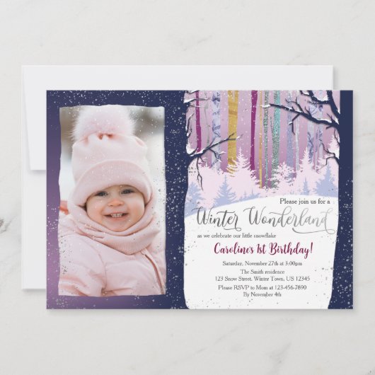 ブルーフォレストウィンターワンダーランドガールズ誕生日写真 招待状 (正面)