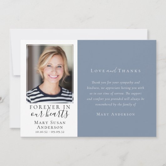 ブルーフォーエバーで私たちのハート写真葬儀 サンキューカード (正面)