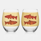 ブルーフォークアートトラウト/サーモン ステムなしワイングラス (正面)