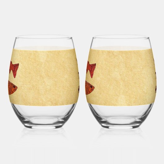 ブルーフォークアートトラウト/サーモン ステムなしワイングラス (左)