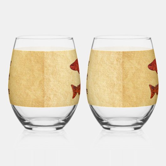 ブルーフォークアートトラウト/サーモン ステムなしワイングラス (右)
