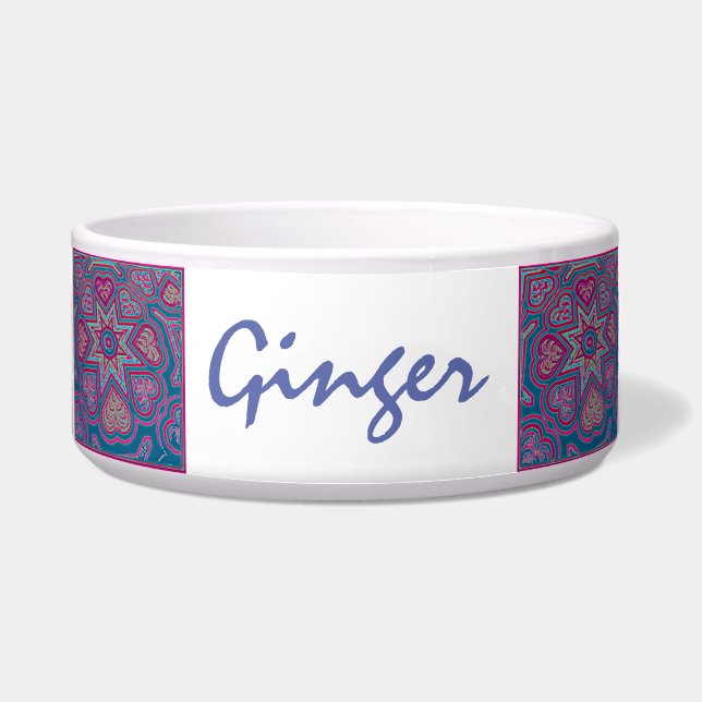 ブルーフォークアートハートペットボウル ボウル (正面)