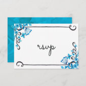 ブルーフォークアートフローラウォーターカラーRSVP 出欠カード (正面/裏面)