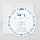 ブルーフォークアートベビーベビーシャワー外は寒い 招待状 (正面)