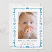 ブルーフォークアートベビー冷たいアウトサイドフォトホリデー 招待状 (正面)