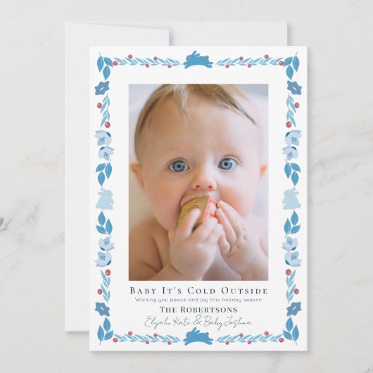 ブルーフォークアートベビー冷たいアウトサイドフォトホリデー 招待状 (正面)
