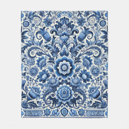 ブルーフォークフローラルパターン フリースブランケット