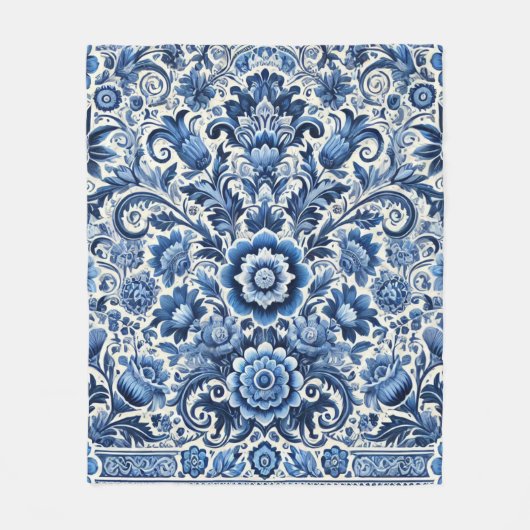 ブルーフォークフローラルパターン フリースブランケット (正面)