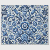 ブルーフォークフローラルパターン ラッピングペーパー (フラット)