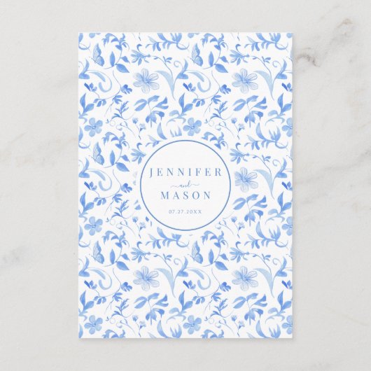 ブルーフォークフローラ結婚磁器のメニューカード エンクロージャーカード (裏面)