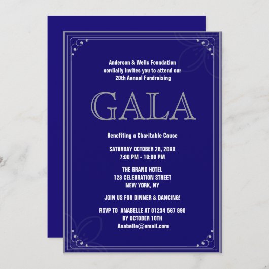 ブルーフォーマルガラ企業のボールパーティー募金 招待状 (正面/裏面)