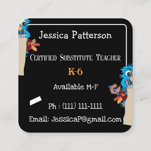 ブルーフクロウとブックサブ先生カー連絡ド スクエア名刺 (裏面)