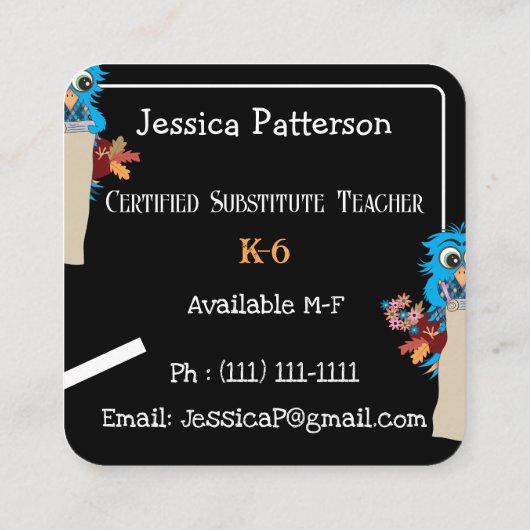 ブルーフクロウとリンゴ教育者カ連絡ード スクエア名刺 (裏面)