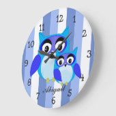 ブルーフクロウの子ども漫画イラストレーション ラージ壁時計 (傾斜)
