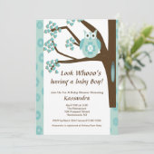 ブルーフクロウの木の男の赤ちゃんシャワー招待状 招待状 (スタンド正面)