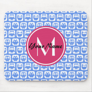ブルーフクロウパターンピンクカスタムのモノグラムパーソナライズされた マウスパッド