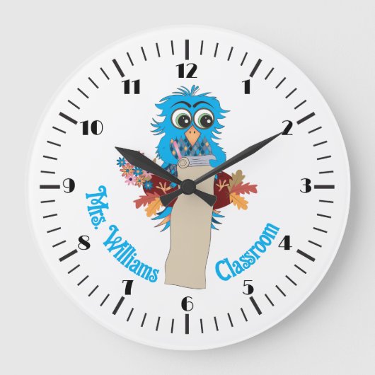 ブルーフクロウパーソナライズされた先生教室の壁時計 ラージ壁時計 (正面)