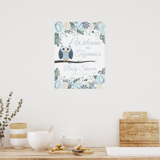 ブルーフクロウフローラベビーシャワー歓迎サイン ポスター (キッチン)