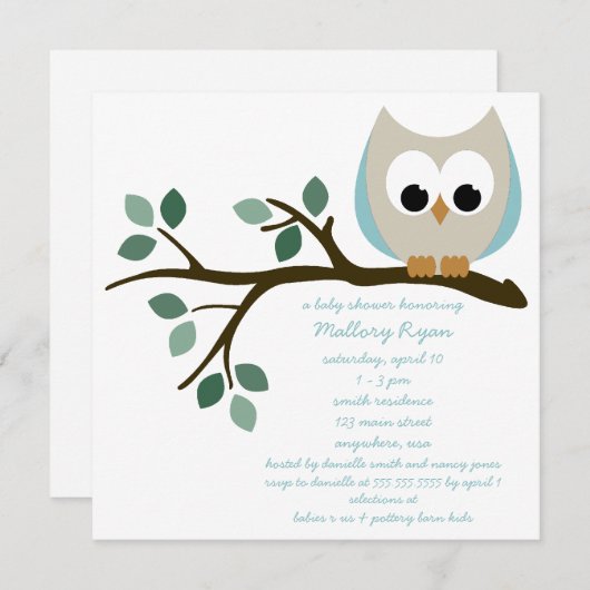 ブルーフクロウベビーシャワー招待状 招待状 (正面/裏面)