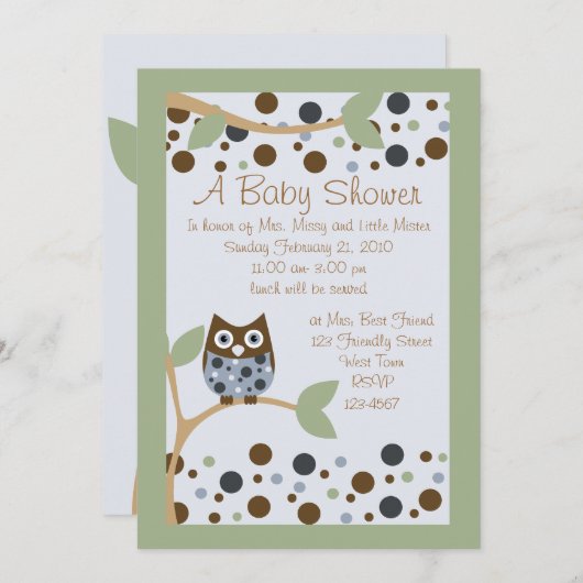 ブルーフクロウベビーシャワー招待状 招待状 (正面/裏面)