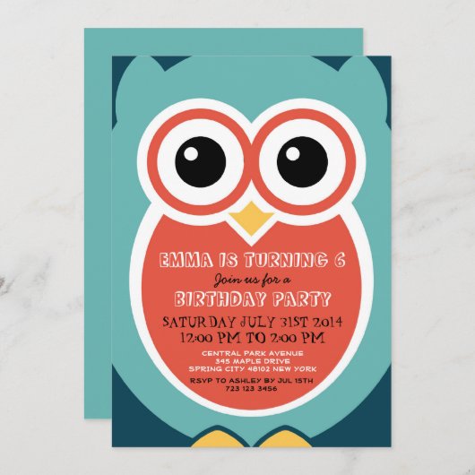 ブルーフクロウ漫画誕生日招待状カード 招待状 (正面/裏面)