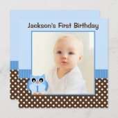 ブルーフクロウ茶水玉模様1stバースデーボーイフォト 招待状 (正面/裏面)